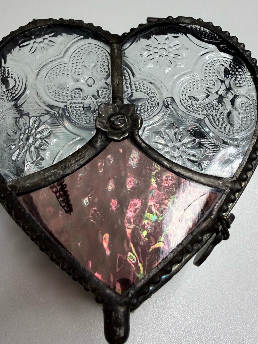 Heart Shaped Stained Glass Trinket Box - Iridescent Pink & Clear